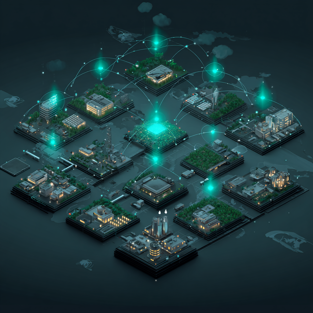 Abstract network of connected nodes representing various industries.